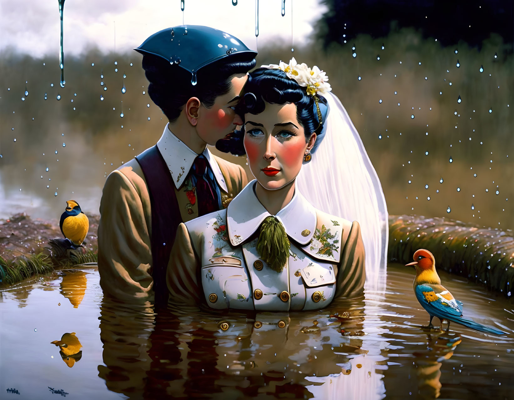 Surreal wedding couple with birdhouse heads in rainy scene