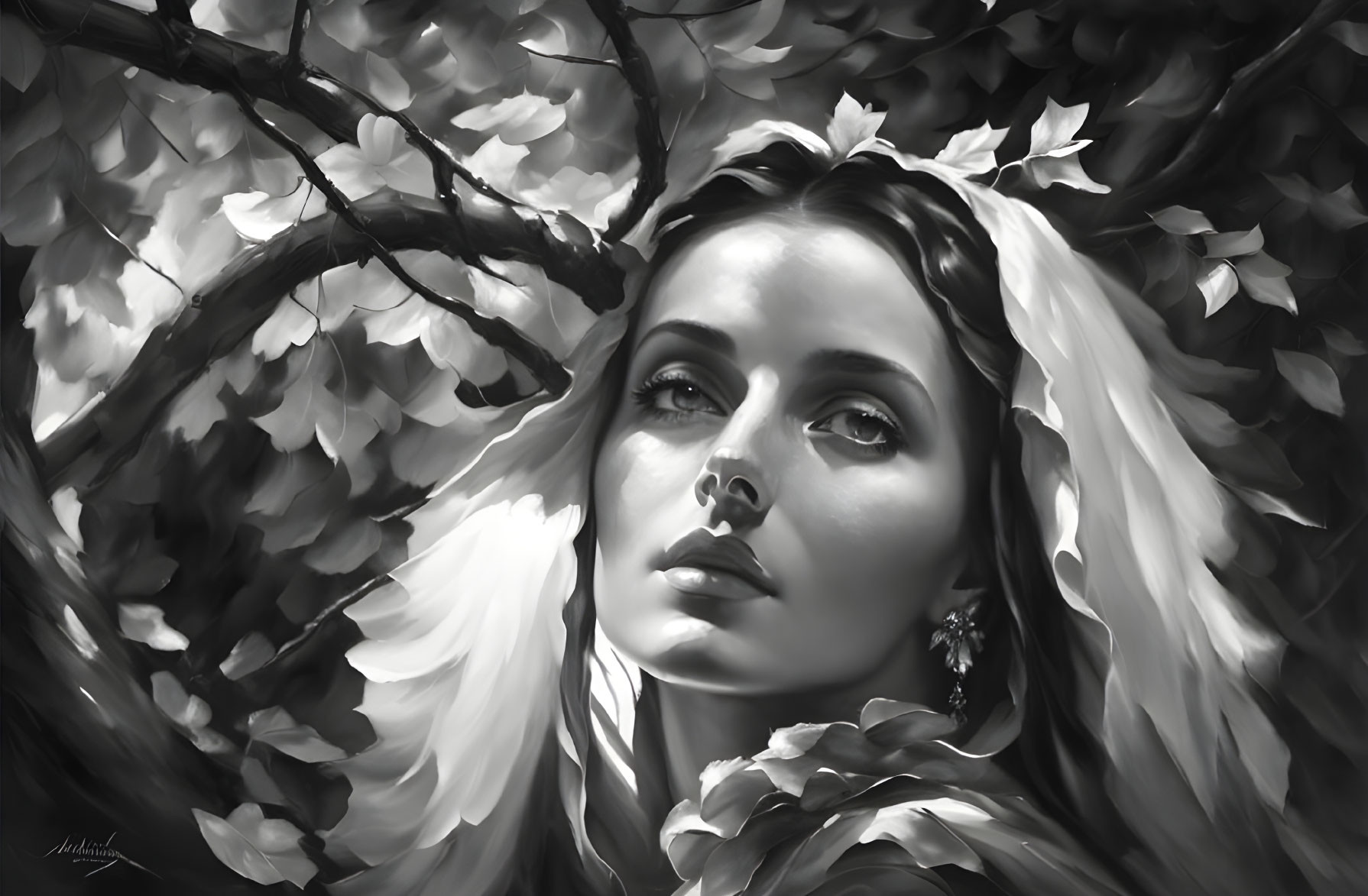 Monochromatic artwork: Contemplative woman under tree with leaves in hair