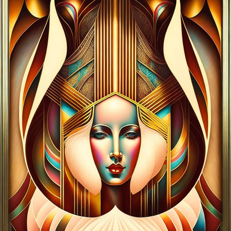 Symmetrical Stylized Female Face with Art Deco Elements in Golden Tones