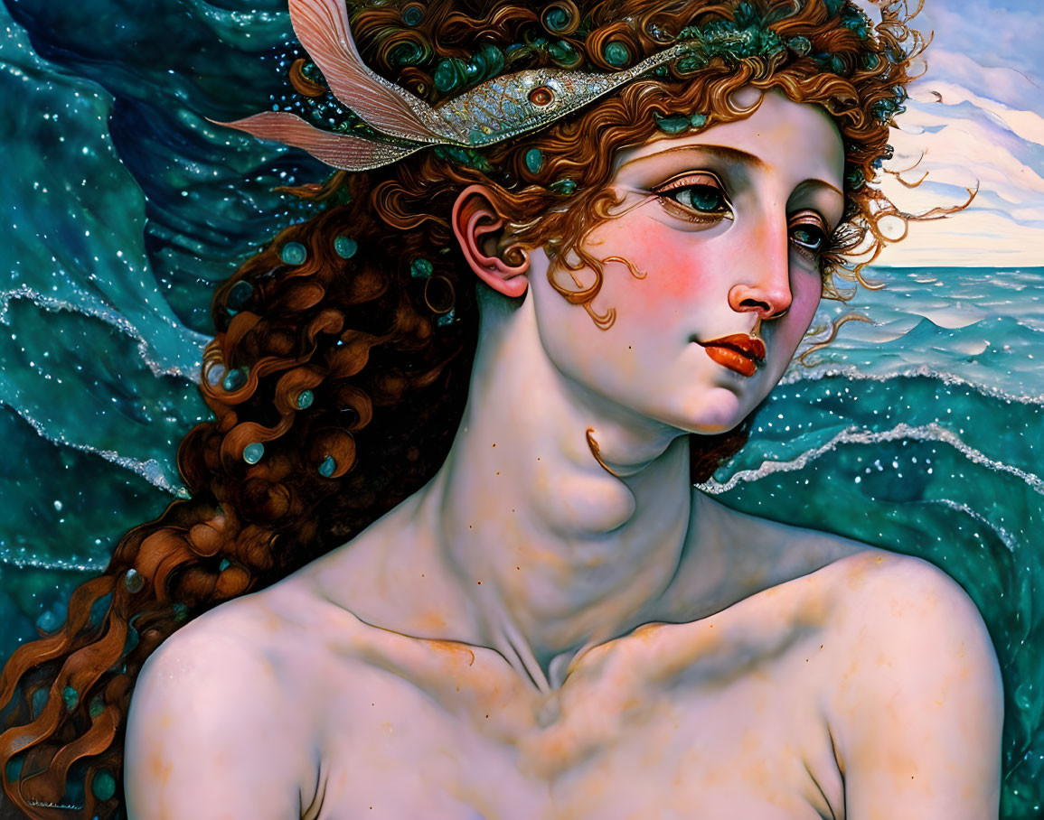 Illustrated portrait of mythological female figure with wavy hair and feathered headpiece against turbulent sea