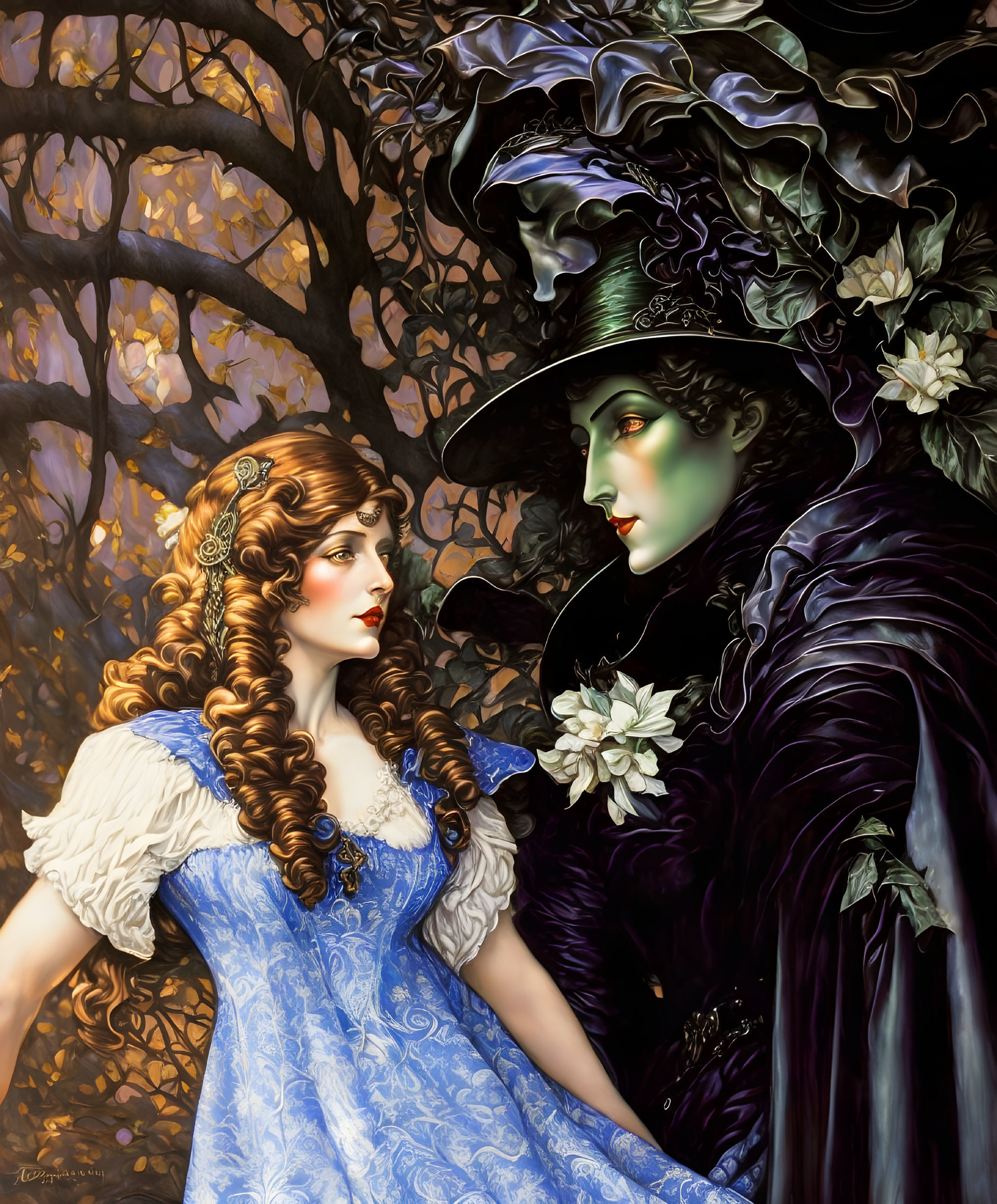 Curly auburn-haired woman and green-skinned figure in autumn forest