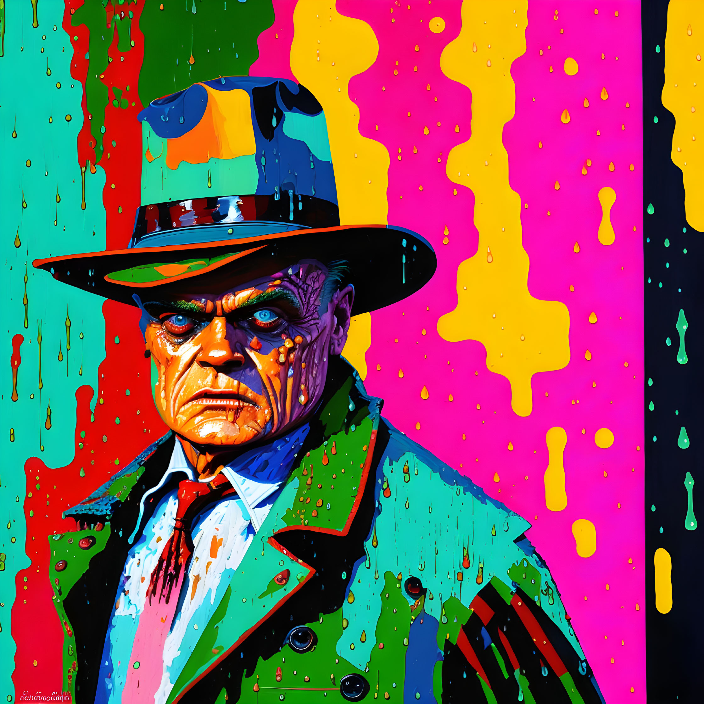 Colorful Pop Art Portrait of Stern Man with Hat on Neon Background