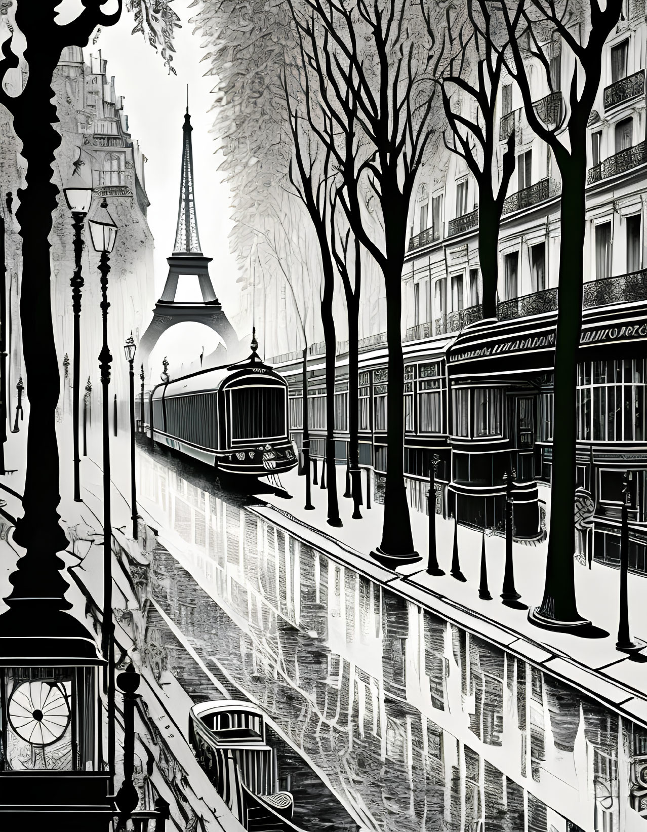 Monochromatic Parisian street scene with Eiffel Tower, vintage tram, trees, and reflective