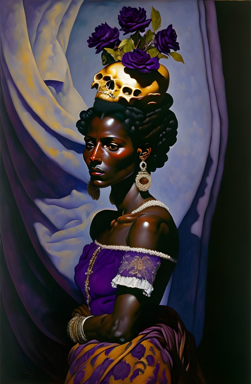 Portrait of Woman with Dark Skin in Golden Crown and Purple Gown