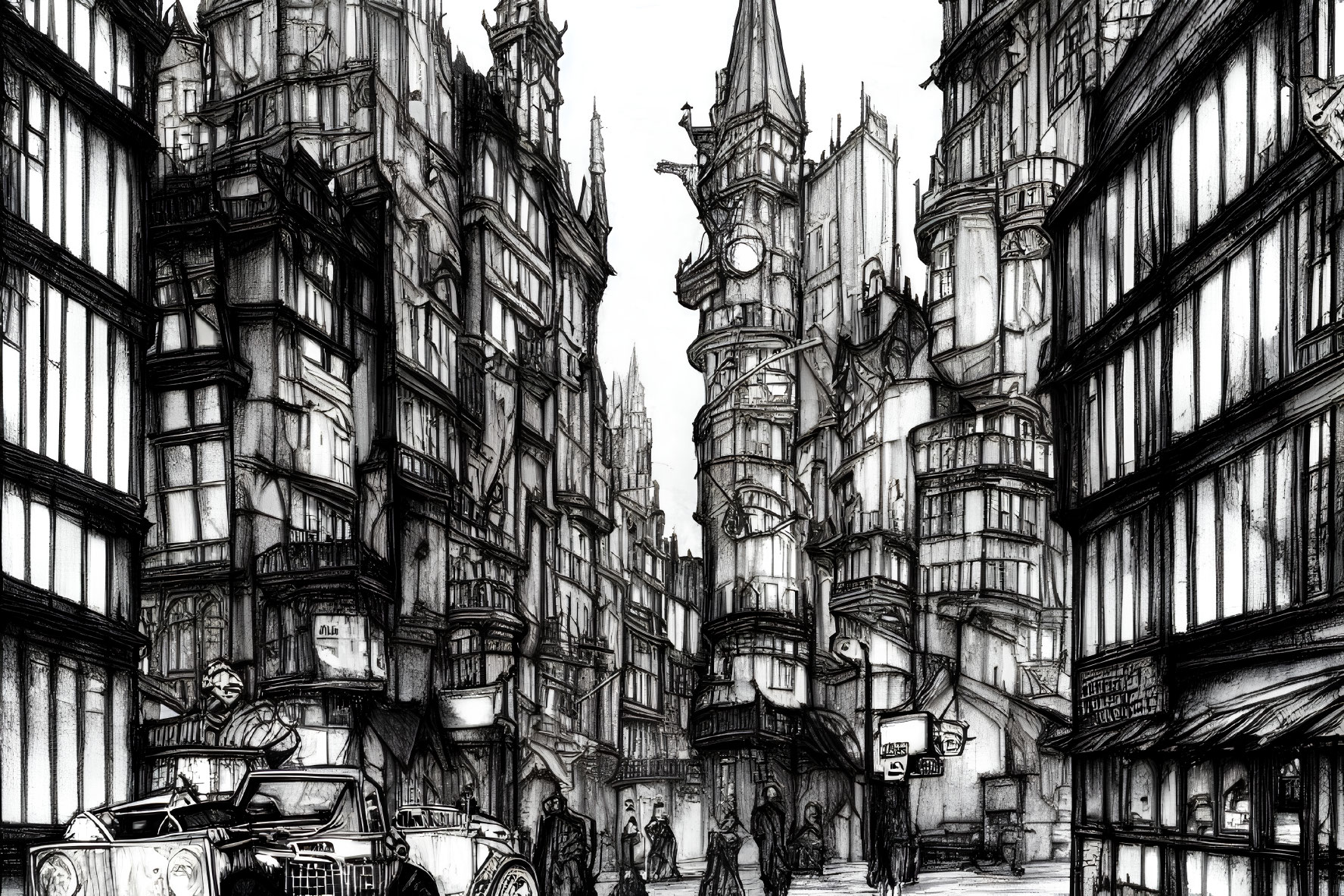 Detailed Vintage Street Sketch: Black and White, Ornate Buildings, Pedestrians, Old-Fashion