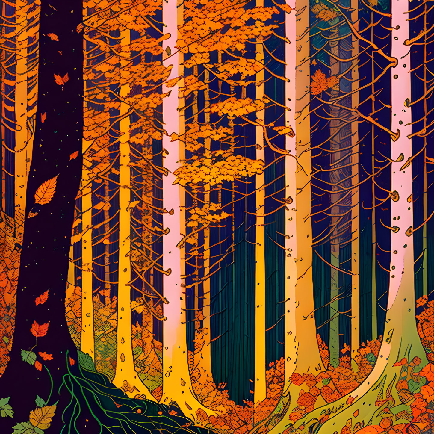 Detailed autumn forest illustration with golden foliage and fallen leaves