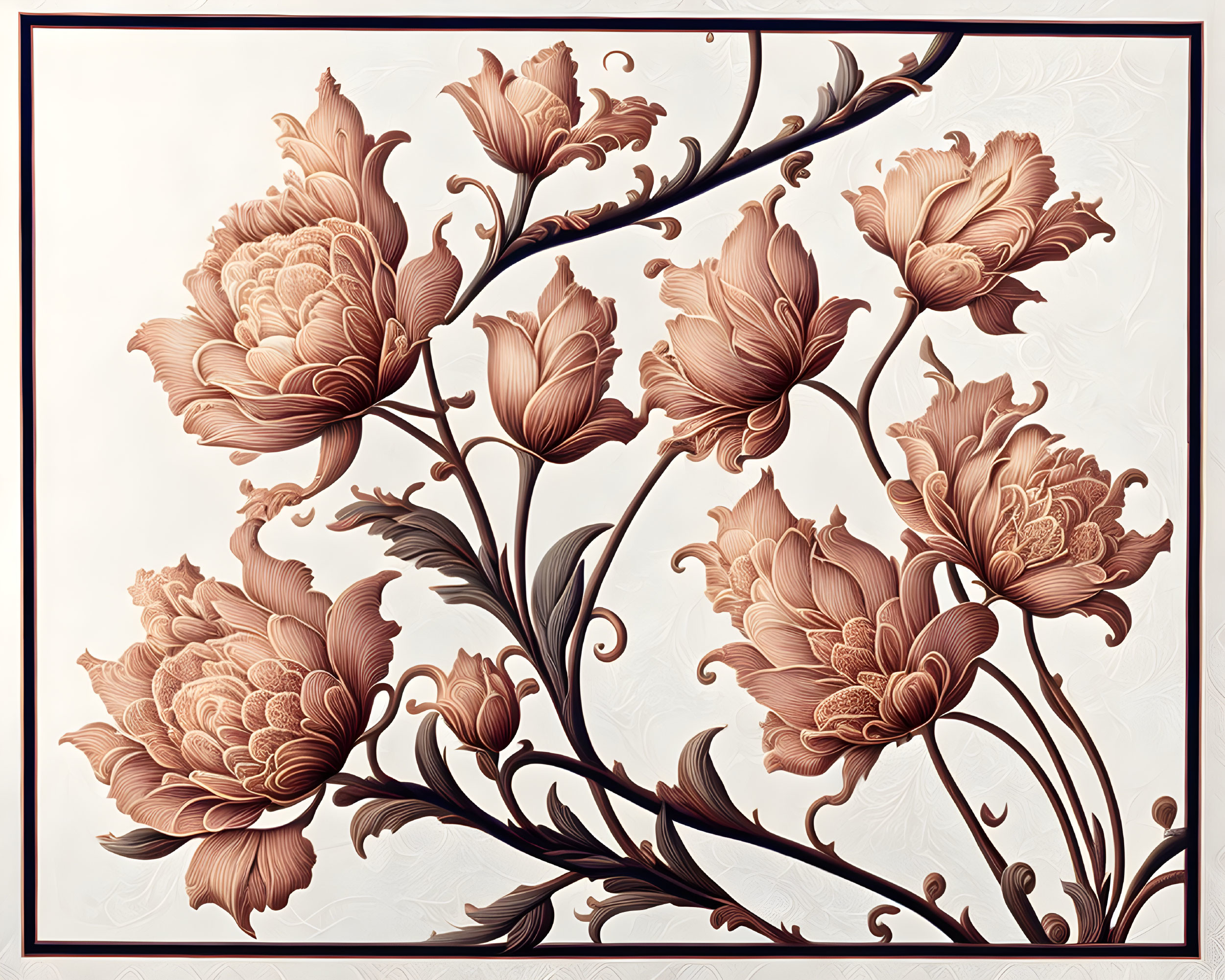 Detailed Earth-Toned Floral Pattern with Swirling Stems