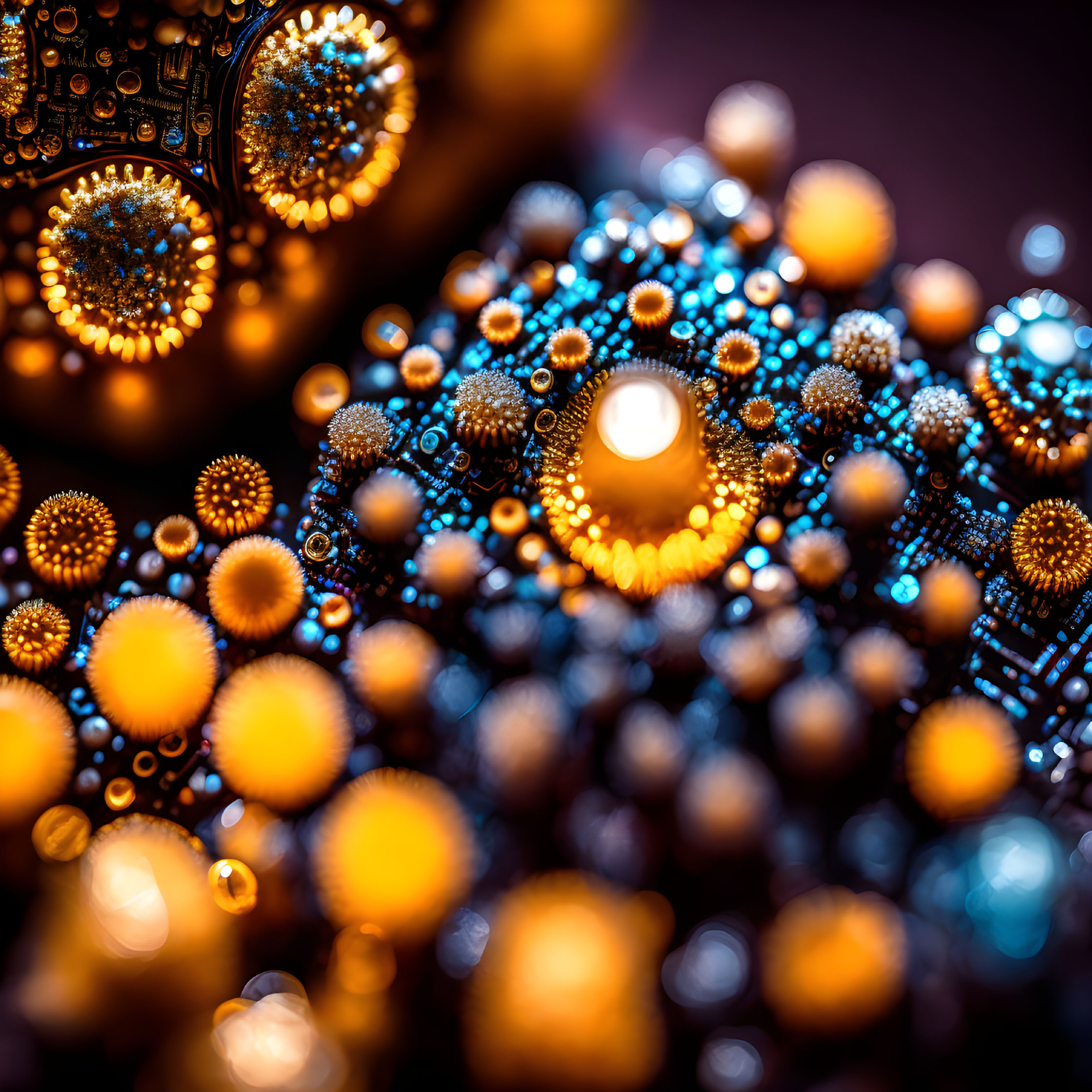 Golden spherical structures on intricate circuit board with shallow depth of field