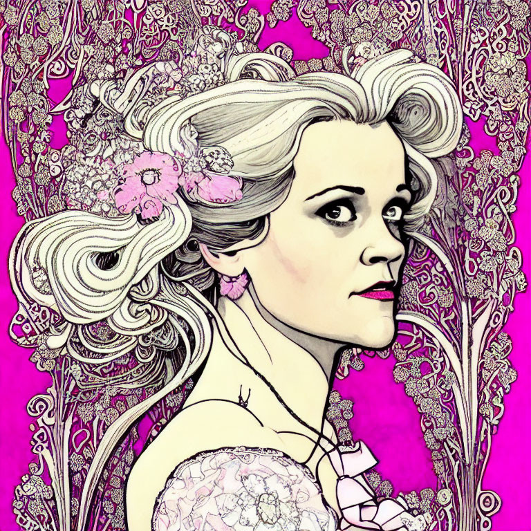 Stylized woman with pink flowers in intricate purple floral setting