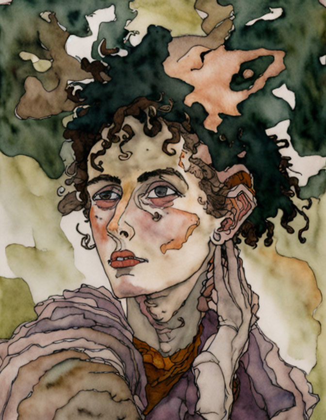 Curly-Haired Person in Intense Gaze with Abstract Earthy Tones