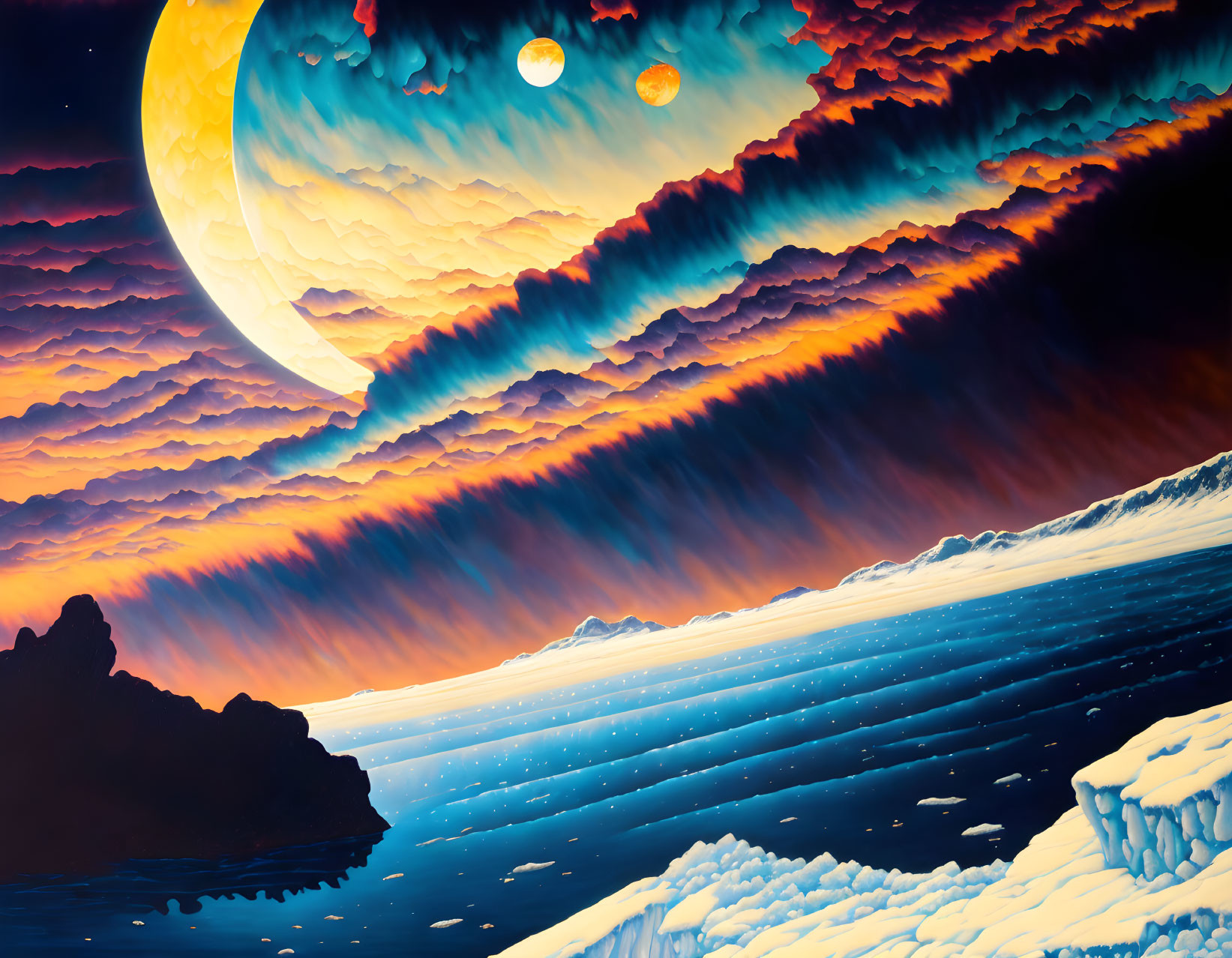 Colorful surreal landscape: large crescent moon, dual planets, vibrant clouds, icy foreground