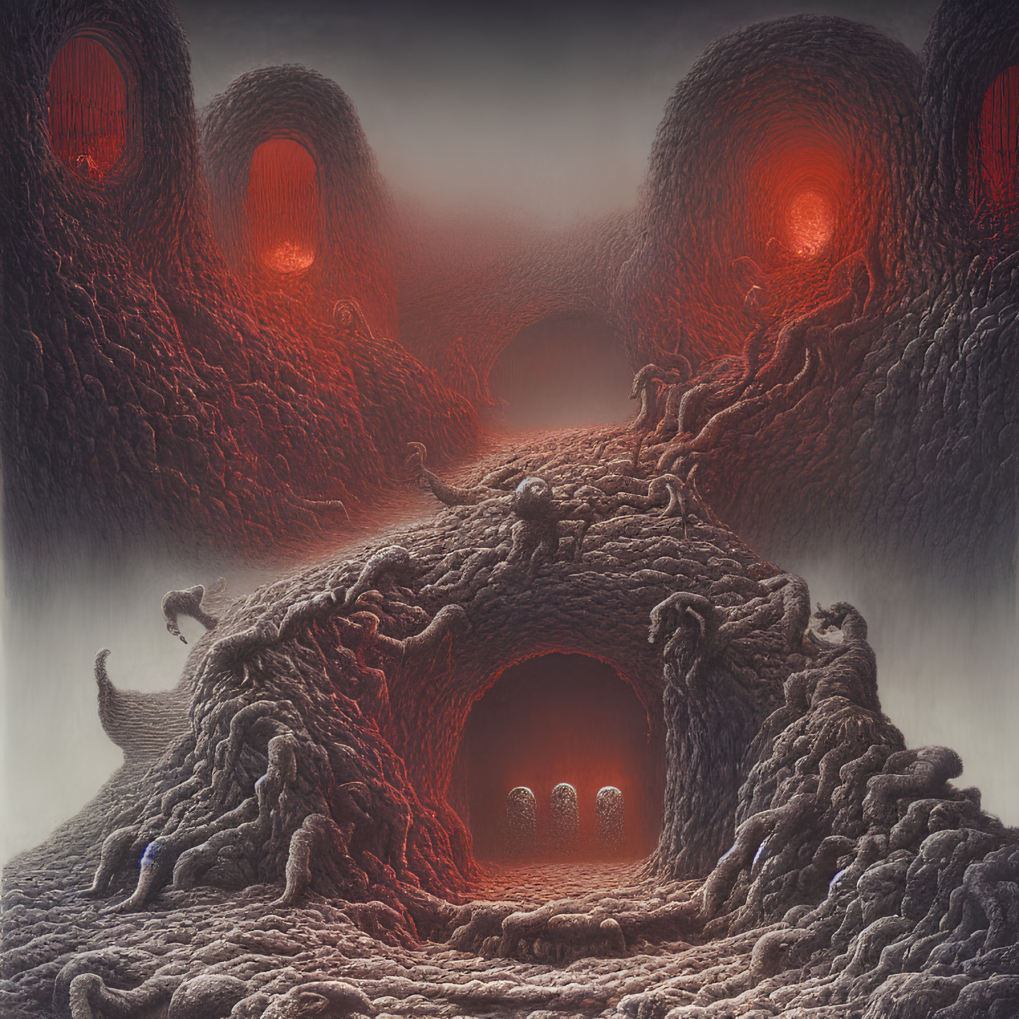 Organic surreal landscape with red-hued cavernous openings and glowing figures.