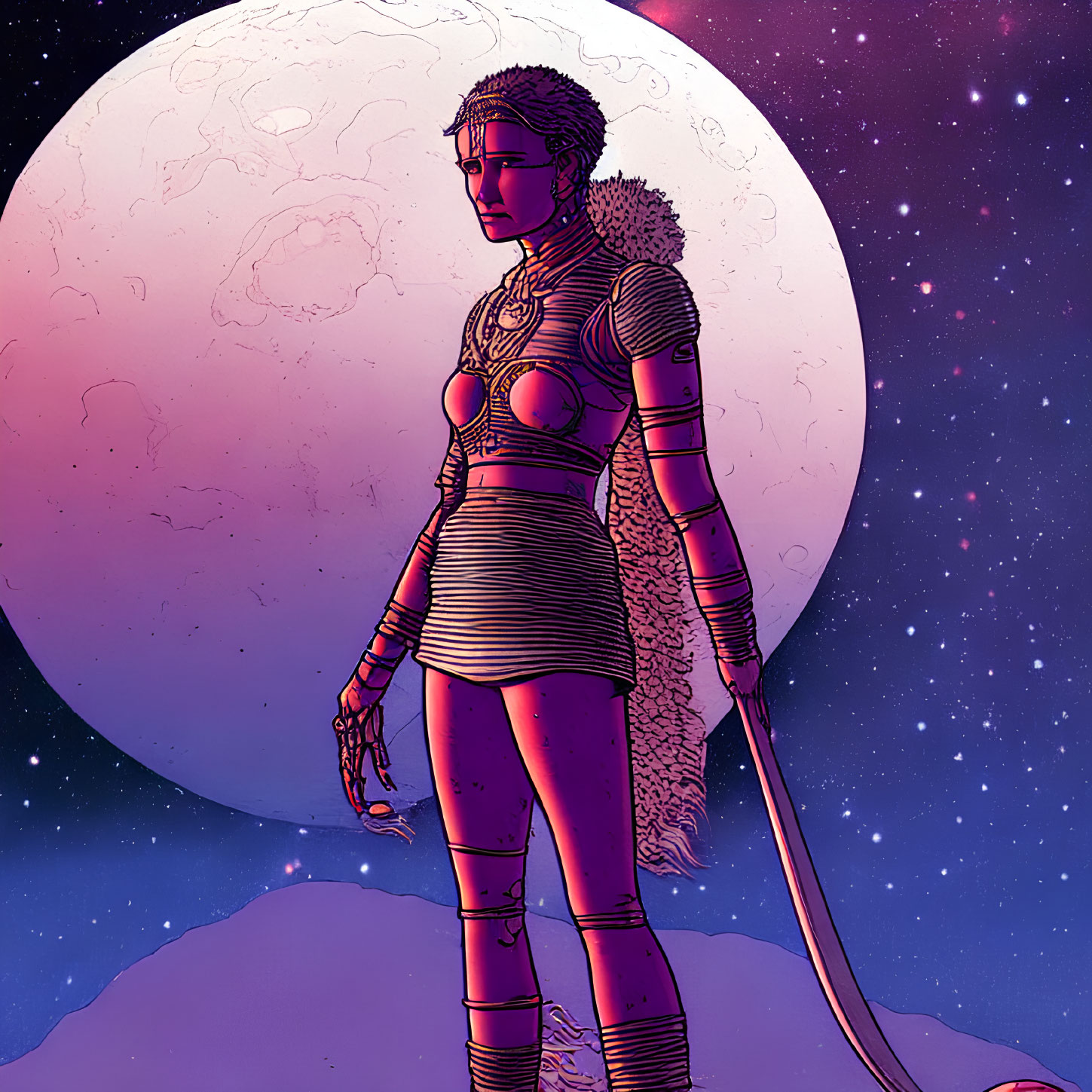 Futuristic warrior against moon backdrop in vibrant colors