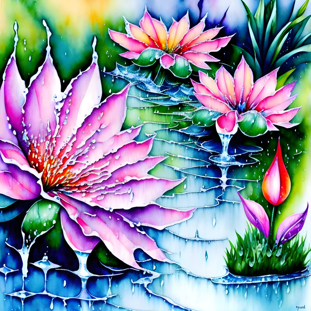 Colorful watercolor painting of pink lotus flowers and dewdrops on lily pads with falling water