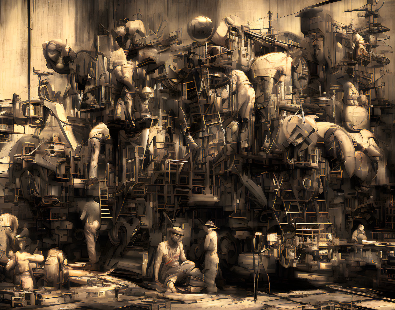 Sepia-Toned Illustration of Futuristic Workshop with Robots and Engineers