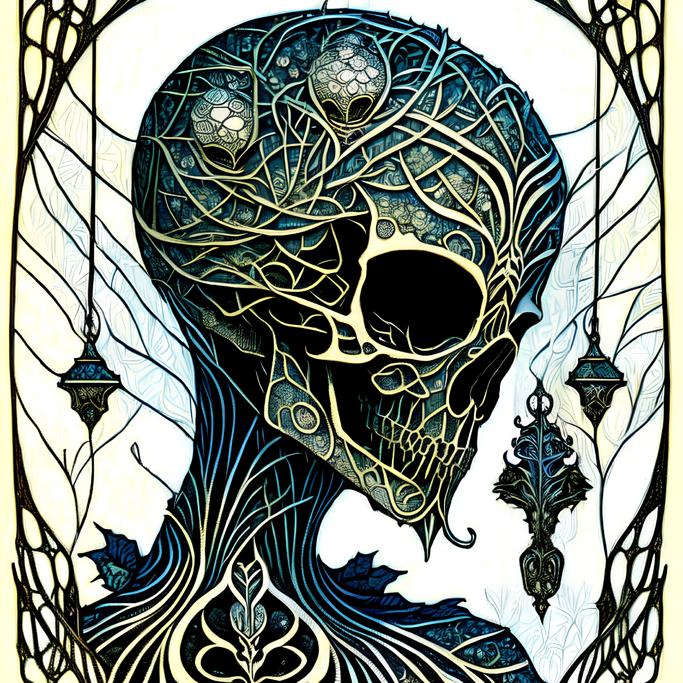 Detailed Gothic Skull Art with Nature Elements in Blue and Gold Palette