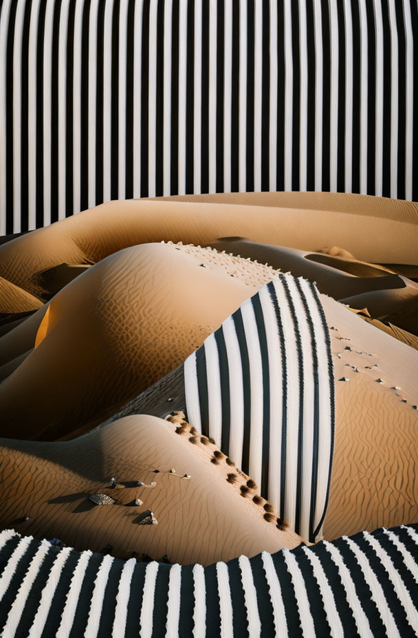 Desert dunes and striped patterns form optical illusion with small figures