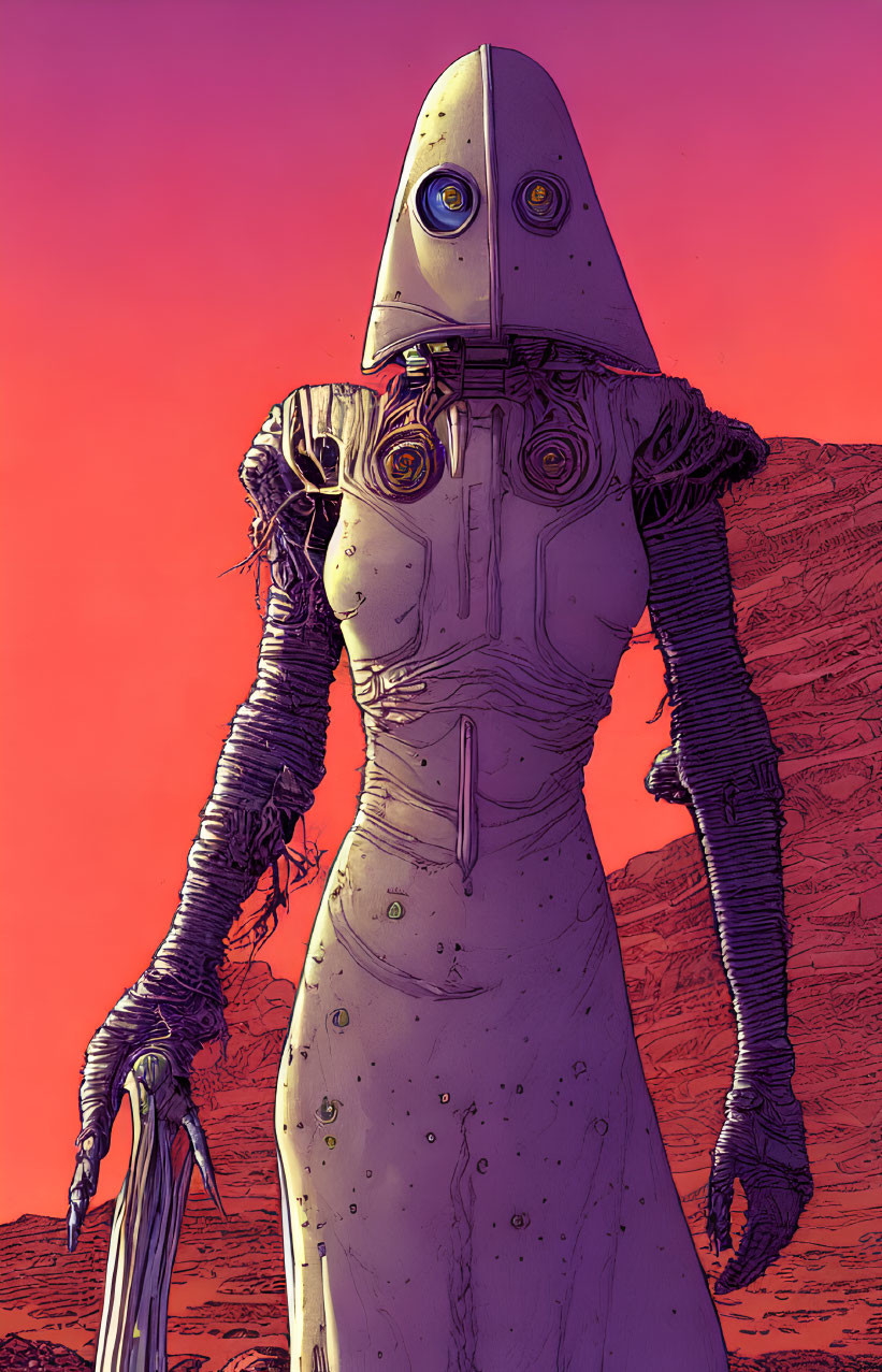 Humanoid Robot Illustration in Conical Head, Long Fingers, Pinkish-Orange Sky &