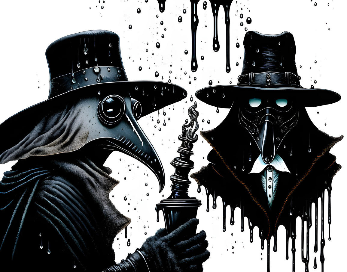 Stylized plague doctors in beaked masks with candlestick in dark backdrop