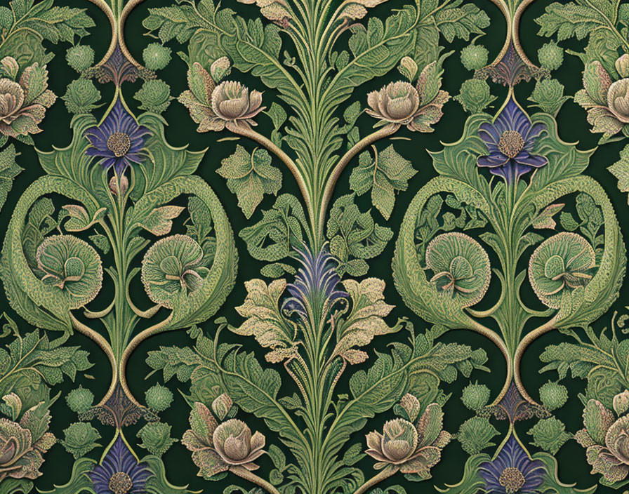 Intricate Green and Gold Floral Pattern on Dark Background