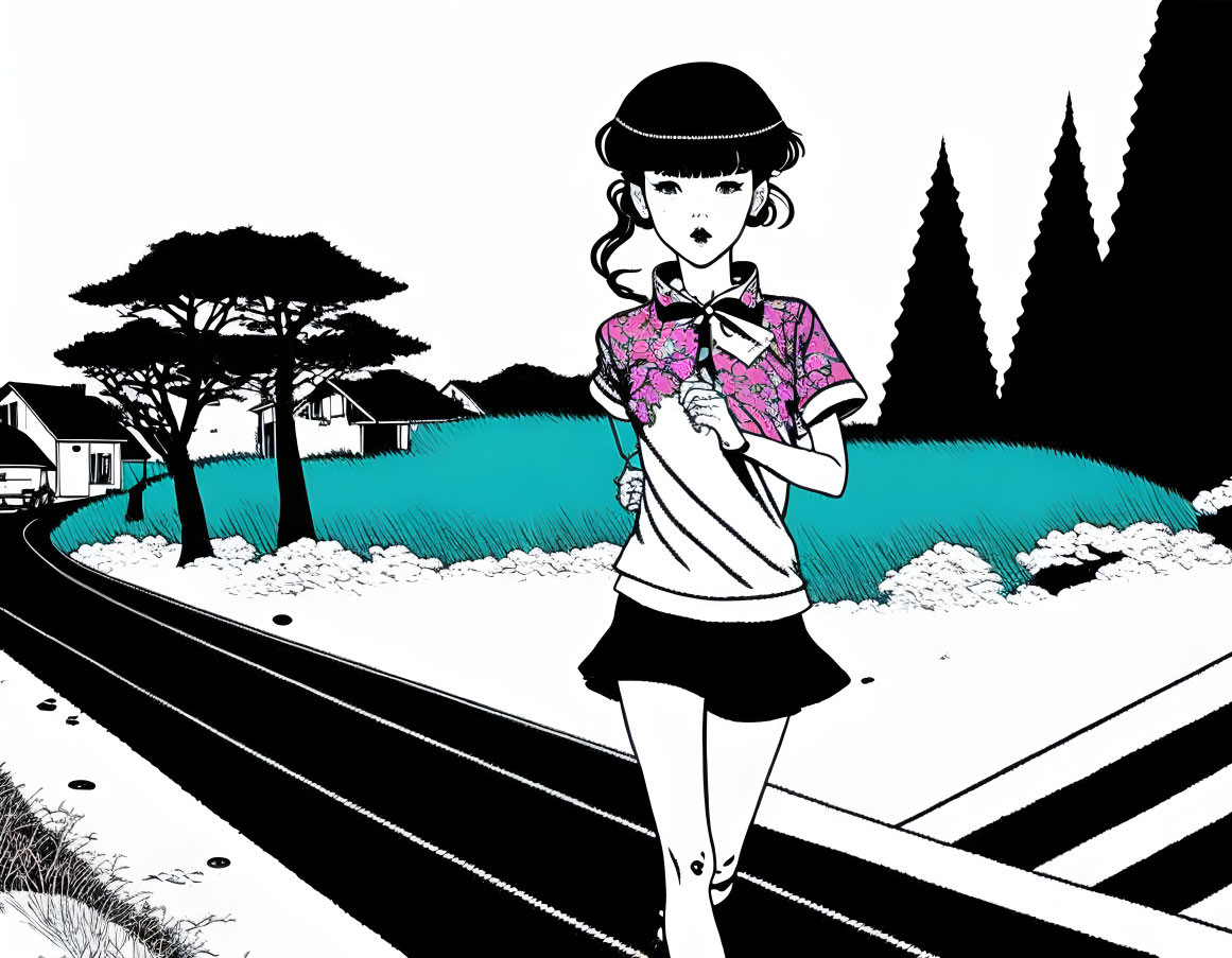 Monochrome drawing of girl with hat on train track in rural scene