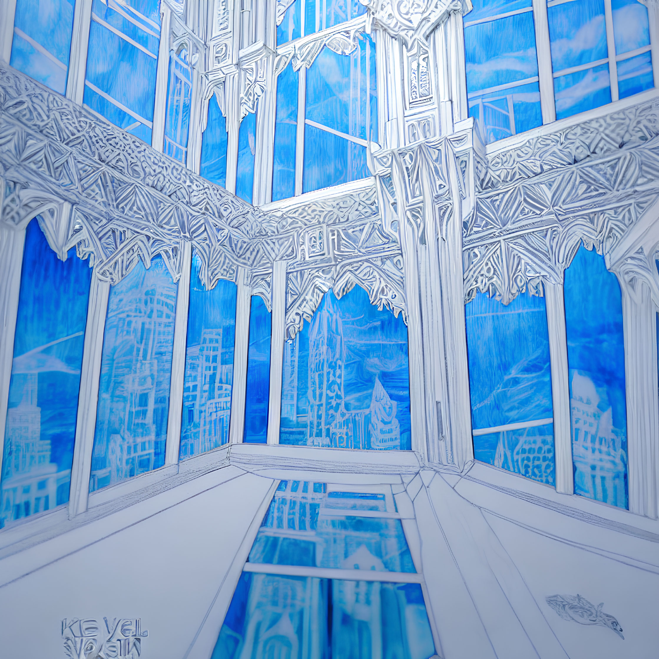 Detailed monochromatic blue gothic interior illustration with high ceilings, arched windows, and reflective floor