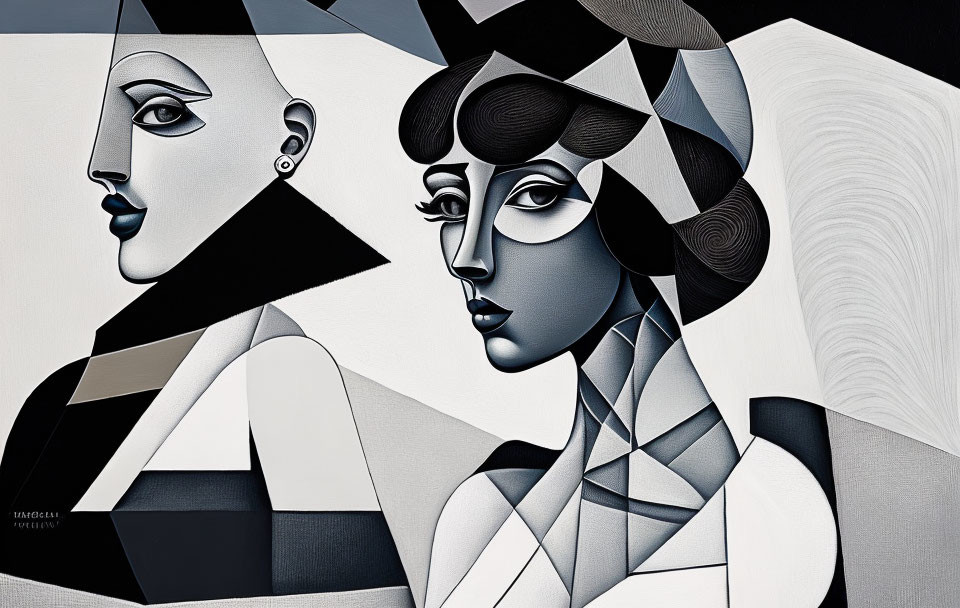 Monochromatic Cubist Artwork of Two Stylized Female Figures