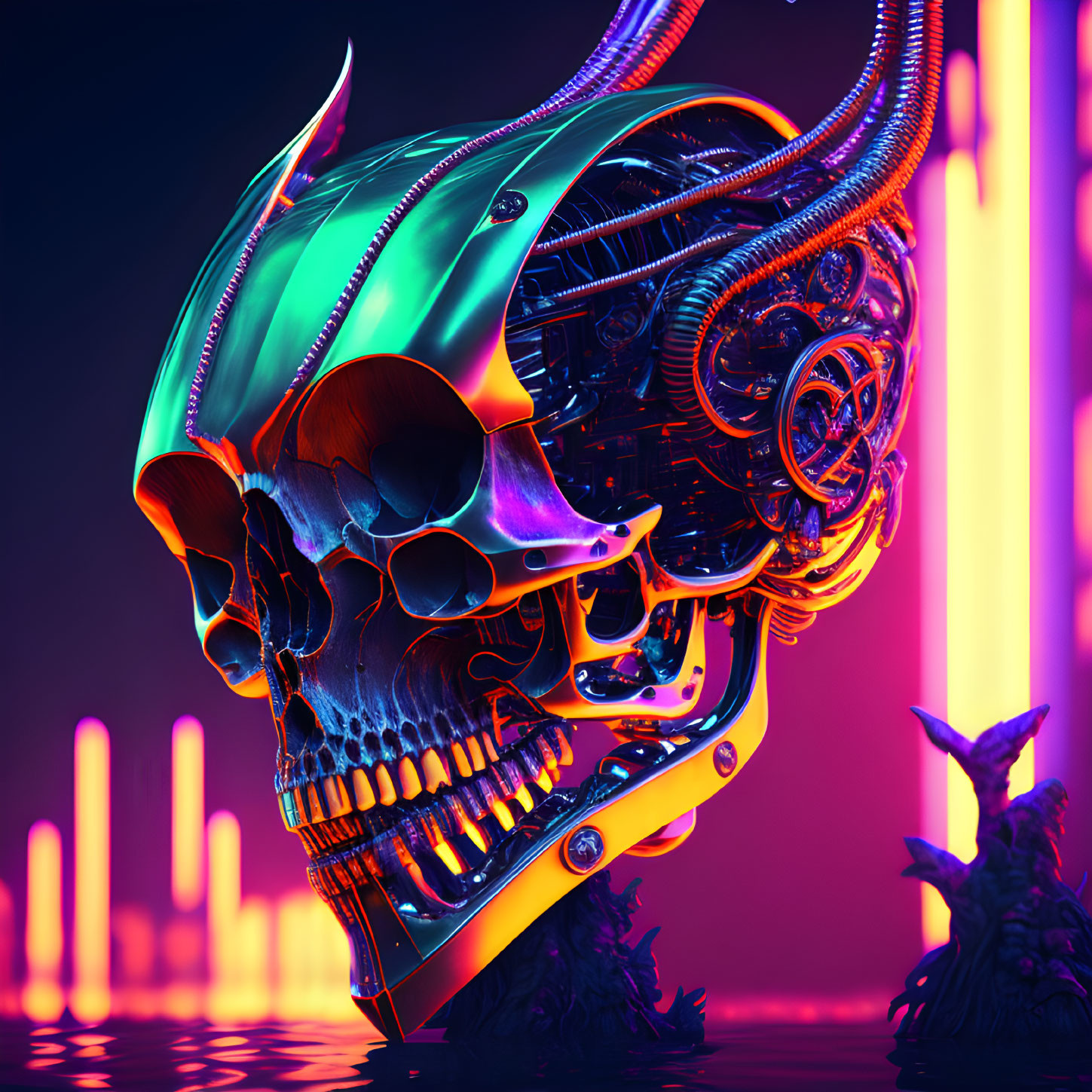 Detailed digital artwork: mechanical skull on neon cyberpunk backdrop