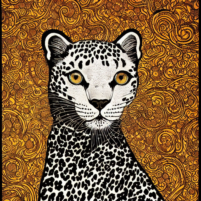 Illustrated Leopard with Yellow Eyes on Orange and Black Swirl Background