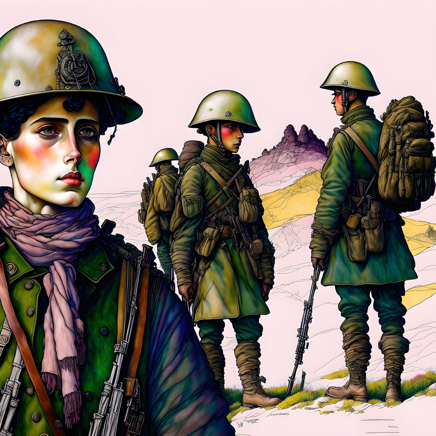 Vintage military uniforms: Three soldiers illustrated with mountainous backdrop