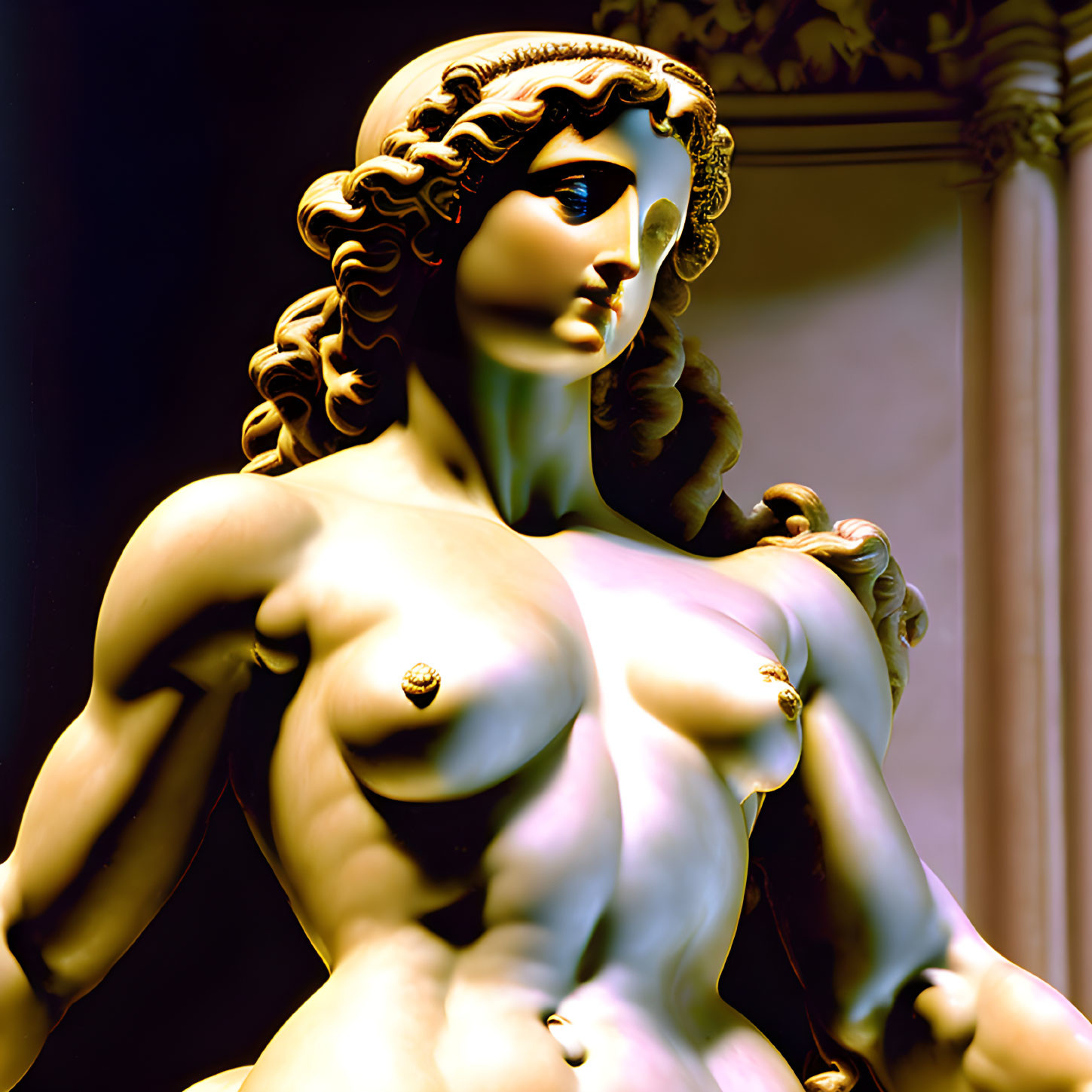 Detailed Close-Up of Classical Statue's Female Figure with Elaborate Hair and Facial Features in Warm Lighting