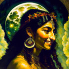 Woman with floral headpiece smiles under full moon against night sky.