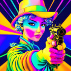 Colorful Illustration: Person in Hat Pointing Gun - Vibrant Background