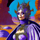 Purple-skinned figure with ornate headgear in surreal alien landscape