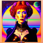 Colorful digital portrait of a woman with cosmic backdrop and ornate jewelry