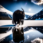 Black Yak with Horns by Icy Lake in Snowy Mountain