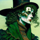 Pale person in wide-brimmed hat and ornate attire with red lipstick and green face pattern.