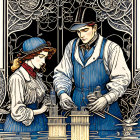 Vintage work attire women assembling intricate machinery in ornate art nouveau setting