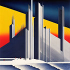 Cityscape Art Deco Illustration: Skyscrapers, Sunset Hues, Stylized