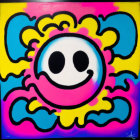 Vibrant graffiti-style painting: Smiling face, large eyes, abstract flower outline in pink,