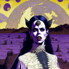 Fantasy-themed female figure with fangs, pointed ears, and forehead jewel in otherworldly landscape