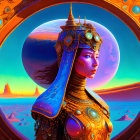 Futuristic portrait of woman with elaborate headgear on alien landscape