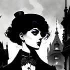 Stylized Victorian woman against Big Ben and London rooftops