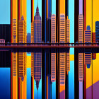 Symmetrical cityscape with blue and orange skyscrapers reflected on water