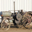 Vintage Red Tractor on Farm with Corrugated Metal Background