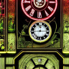 Intricate Neon-Lit Clock with Architectural Artwork