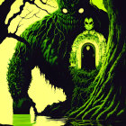 Stylized artistic poster with large monster silhouette and couple in green and black color scheme