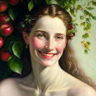 Portrait of a joyful woman with apple and berry-adorned ivy, vibrant smile.