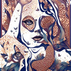 Intricate surreal illustration of woman's face with abstract patterns in blue and bronze tones