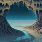 Surreal icy caverns with stalactites, blue lake, and textured mounds